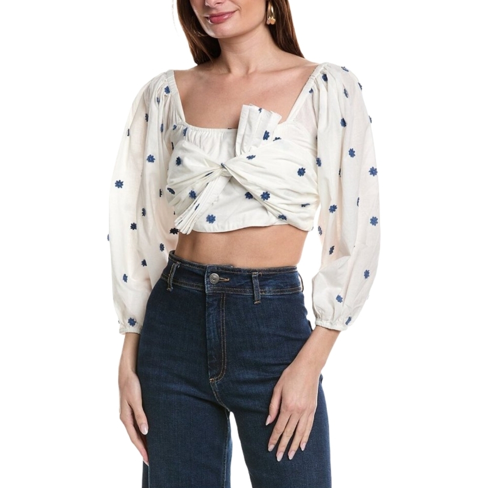 Farm Rio Blue Flowers Crop Top in off-white cotton with blue floral embroidery